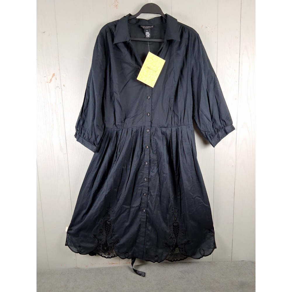 NEW Dialogue Cotton Shirt Dress 1X Black Button Front Lace Lightweight‎ Stevie